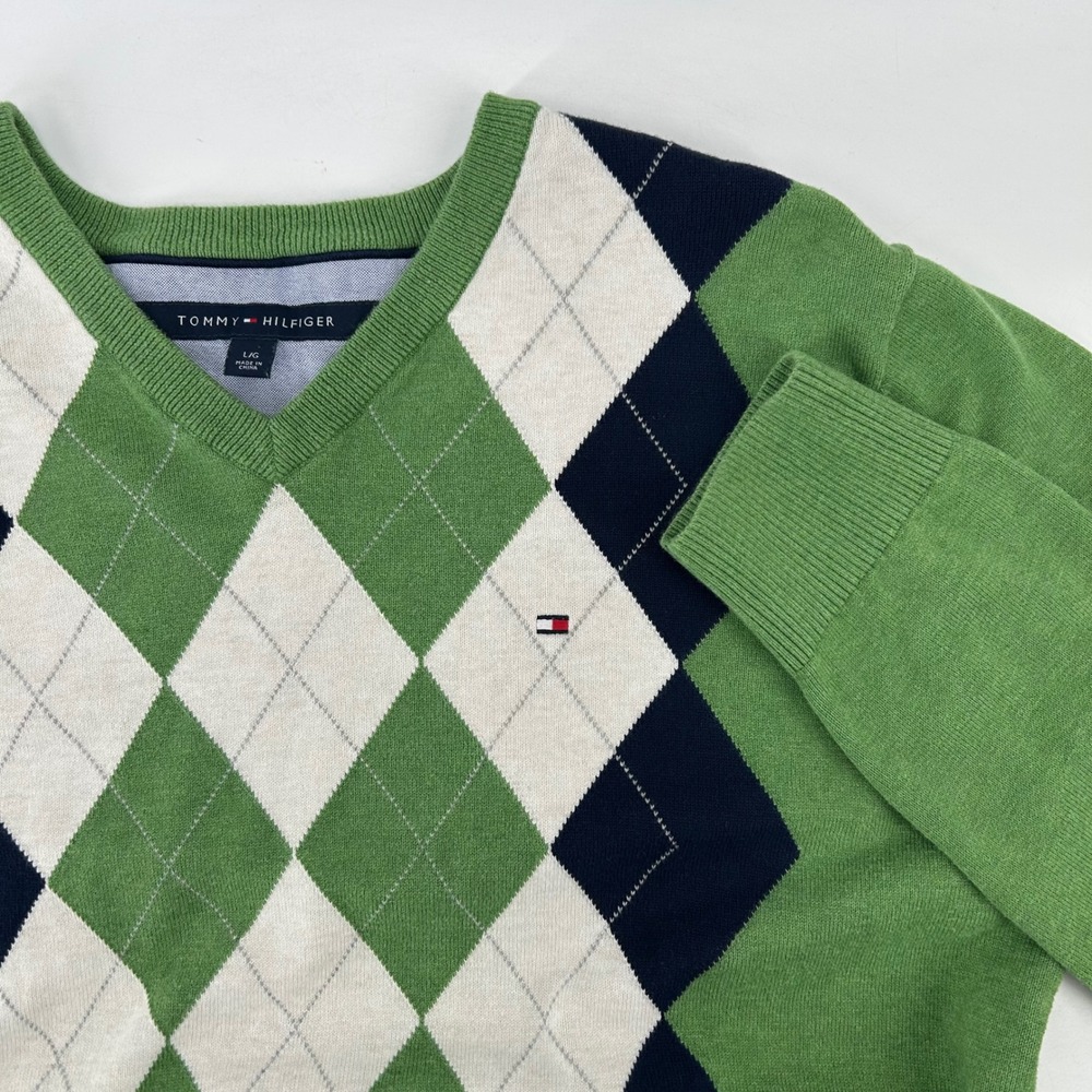 Tommy Hilfiger Argyle V-Neck Sweater Mens L Green Navy White Cotton Preppy